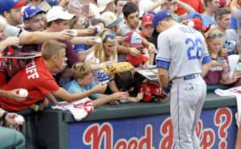 Aug 16, 2016; Philadelphia, PA, USA; Los Angeles Dodgers second baseman Utley (26) signs autographs before game against the Philadelphia Phillies at Citizens Bank Park. Mandatory Credit: Eric Hartline-USA TODAY Sports