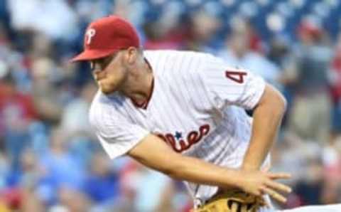 Aug 17, 2016; Philadelphia, PA, USA; Philadelphia Phillies starting pitcher Thompson (44) throws a pitch during the first inning against the Los Angeles Dodgers at Citizens Bank Park. Mandatory Credit: Eric Hartline-USA TODAY Sports