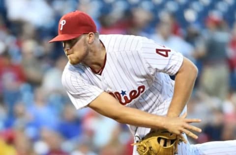 Aug 17, 2016; Philadelphia, PA, USA; Philadelphia Phillies starting pitcher Jake Thompson (44) throws a pitch during the first inning against the Los Angeles Dodgers at Citizens Bank Park. Mandatory Credit: Eric Hartline-USA TODAY Sports