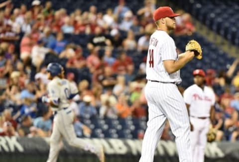 Aug 17, 2016; Philadelphia, PA, USA; Philadelphia Phillies starting pitcher Jake Thompson (44) reacts after allowing a two run home run to Los Angeles Dodgers third baseman Justin Turner (10) during the fifth inning at Citizens Bank Park. Mandatory Credit: Eric Hartline-USA TODAY Sports