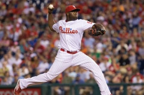 Aug 20, 2016; Philadelphia, PA, USA; Philadelphia Phillies relief pitcher Hector Neris (50) pitches during the eighth inning against the St. Louis Cardinals at Citizens Bank Park. The Philadelphia Phillies won 4-2. Mandatory Credit: Bill Streicher-USA TODAY Sports