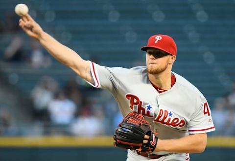 Aug 23, 2016; Chicago, IL, USA; Philadelphia Phillies starting pitcher Jake Thompson (44) throws a pitch against the Chicago White Sox during the first inning at U.S. Cellular Field. Mandatory Credit: Mike DiNovo-USA TODAY Sports