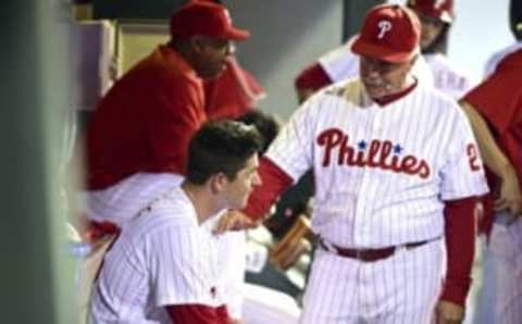 Aug 30, 2016; Philadelphia, PA, USA; Philadelphia Phillies pitching coach McClure (22) talks with starting pitcher Eickhoff (48) after he finished the sixth inning against the Washington Nationals at Citizens Bank Park. The Nationals defeated the Phillies, 3-2. Mandatory Credit: Eric Hartline-USA TODAY Sports