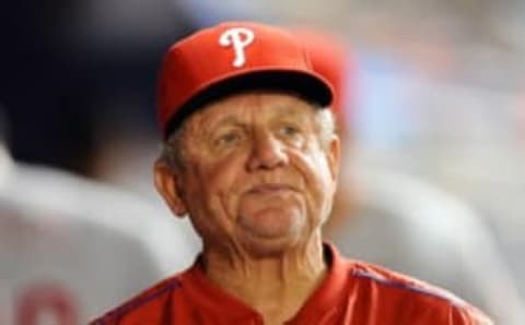 Sep 23, 2015; Miami, FL, USA; Philadelphia Phillies bench coach Bowa (10) looks on from the dugout during the sixth inning against the Miami Marlins at Marlins Park. The Marlins won 1-0. Mandatory Credit: Steve Mitchell-USA TODAY Sports