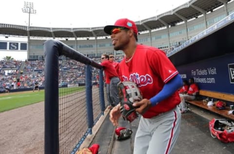 Mar 13, 2016; Tampa, FL, USA; Philadelphia Phillies right fielder Nick Williams (79) runs out of the dugout against the New York Yankees at George M. Steinbrenner Field. Mandatory Credit: Kim Klement-USA TODAY Sports