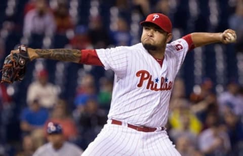 Apr 18, 2016; Philadelphia, PA, USA; Philadelphia Phillies relief pitcher Araujo (59) pitches during the ninth inning against the Philadelphia Phillies at Citizens Bank Park. The Mets won 5-2. Mandatory Credit: Bill Streicher-USA TODAY Sports