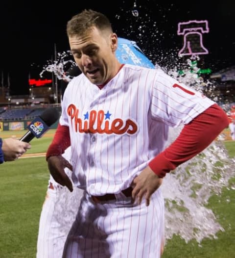 Apr 20, 2016; Philadelphia, PA, USA; Philadelphia Phillies right fielder Bourjos (17) is doused with gatorade after hitting a walk off game winning single during the eleventh inning against the New York Mets at Citizens Bank Park. The Philadelphia Phillies won 5-4 in the eleventh inning. Mandatory Credit: Bill Streicher-USA TODAY Sports