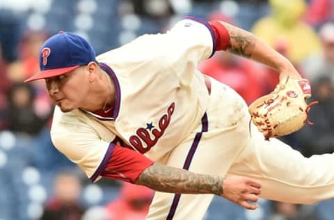 May 1, 2016; Philadelphia, PA, USA; Philadelphia Phillies starting pitcher Velasquez (28) follows through on a pitch against the Cleveland Indians at Citizens Bank Park. The Phillies defeated the Indians, 2-1. Mandatory Credit: Eric Hartline-USA TODAY Sports