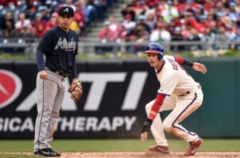 May 22, 2016; Philadelphia, PA, USA; Philadelphia Phillies left fielder Goeddel (2) goes to second base on a ground out by Philadelphia Phillies starting pitcher Jerad Eickhoff (not pictured) in the fourth inning of the game against the Atlanta Braves at Citizens Bank Park. The Phillies won the game 5-0. Mandatory Credit: John Geliebter-USA TODAY Sports