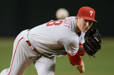 Jun 28, 2016; Phoenix, AZ, USA; Philadelphia Phillies starting pitcher Eickhoff (48) pitches against the Arizona Diamondbacks during the first inning at Chase Field. Mandatory Credit: Joe Camporeale-USA TODAY Sports