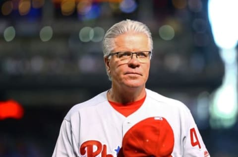 Jun 29, 2016; Phoenix, AZ, USA; Philadelphia Phillies manager Pete Mackanin against the Arizona Diamondbacks at Chase Field. Mandatory Credit: Mark J. Rebilas-USA TODAY Sports