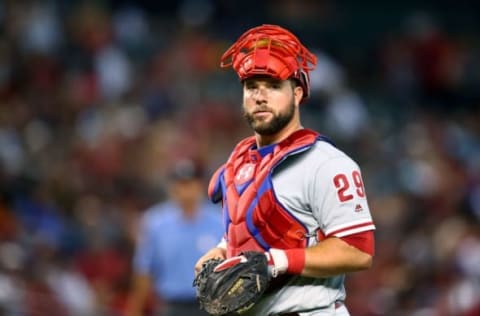 Jun 29, 2016; Phoenix, AZ, USA; Philadelphia Phillies catcher Cameron Rupp against the Arizona Diamondbacks at Chase Field. Mandatory Credit: Mark J. Rebilas-USA TODAY Sports