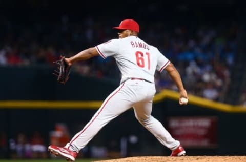 Jun 29, 2016; Phoenix, AZ, USA; Philadelphia Phillies pitcher Edubray Ramos against the Arizona Diamondbacks at Chase Field. Mandatory Credit: Mark J. Rebilas-USA TODAY Sports