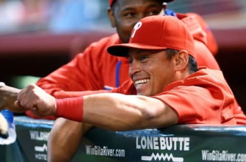 Jun 29, 2016; Phoenix, AZ, USA; Philadelphia Phillies catcher Carlos Ruiz against the Arizona Diamondbacks at Chase Field. Mandatory Credit: Mark J. Rebilas-USA TODAY Sports