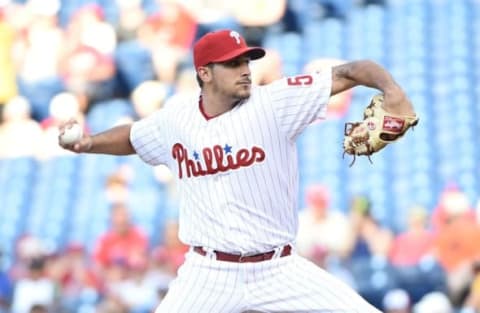 Jul 5, 2016; Philadelphia, PA, USA; Philadelphia Phillies starting pitcher Eflin (56) throws a pitch during the first inning against the Atlanta Braves at Citizens Bank Park. Mandatory Credit: Eric Hartline-USA TODAY Sports