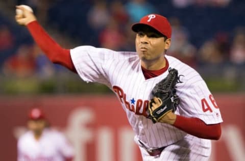 Aug 19, 2016; Philadelphia, PA, USA; Philadelphia Phillies relief pitcher Jeanmar Gomez (46) pitches against the St. Louis Cardinals during the ninth inning at Citizens Bank Park. The St. Louis Cardinals won 4-3 in the eleventh inning. Mandatory Credit: Bill Streicher-USA TODAY Sports