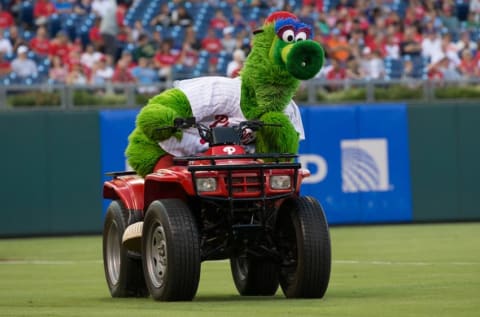 Aug 20, 2016; Philadelphia, PA, USA; The Phillies Phanatic in a game against the St. Louis Cardinals at Citizens Bank Park. Mandatory Credit: Bill Streicher-USA TODAY Sports