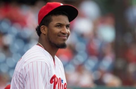 Aug 19, 2016; Philadelphia, PA, USA; Philadelphia Phillies right fielder Paredes (41) in a game against the St. Louis Cardinals at Citizens Bank Park. The St. Louis Cardinals won 4-3 in the eleventh inning. Mandatory Credit: Bill Streicher-USA TODAY Sports