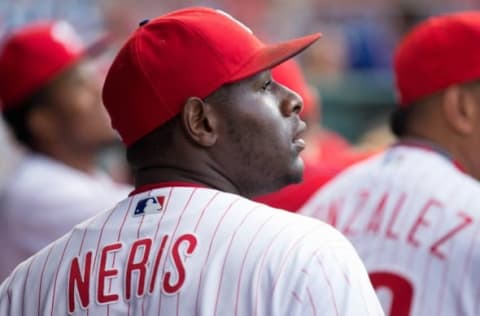 Aug 19, 2016; Philadelphia, PA, USA; Philadelphia Phillies relief pitcher Hector Neris (50) prior to action against the St. Louis Cardinals at Citizens Bank Park. The St. Louis Cardinals won 4-3 in the eleventh inning. Mandatory Credit: Bill Streicher-USA TODAY Sports