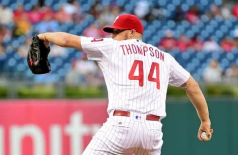 Aug 29, 2016; Philadelphia, PA, USA; Philadelphia Phillies starting pitcher Thompson (44) throws a pitch during the first inning against the Washington Nationals at Citizens Bank Park. Mandatory Credit: Eric Hartline-USA TODAY Sports