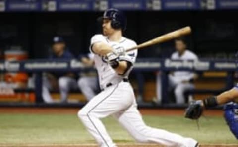 Sep 3, 2016; St. Petersburg, FL, USA;Tampa Bay Rays second baseman Forsythe (11) singles during the sixth inning against the Toronto Blue Jays at Tropicana Field. Mandatory Credit: Kim Klement-USA TODAY Sports