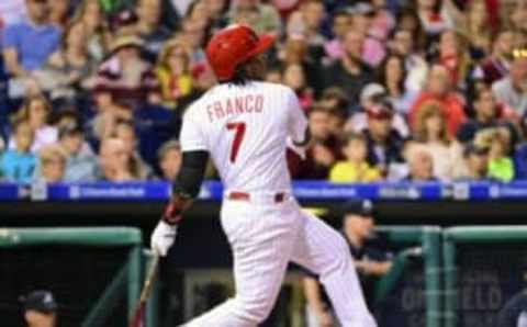 Sep 3, 2016; Philadelphia, PA, USA; Philadelphia Phillies third baseman Franco (7) hits an RBI double during the fifth inning against the Atlanta Braves at Citizens Bank Park. Mandatory Credit: Eric Hartline-USA TODAY Sports