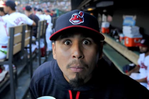 Sep 4, 2016; Cleveland, OH, USA; Cleveland Indians pitcher Carlos Carrasco (59) makes a face into a remote camera during the second inning at Progressive Field. Mandatory Credit: Ken Blaze-USA TODAY Sports