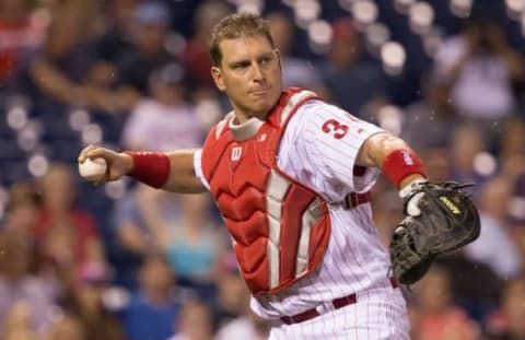 Aug 31, 2016; Philadelphia, PA, USA; Philadelphia Phillies catcher A.J. Ellis (34) in action against the Washington Nationals at Citizens Bank Park. Mandatory Credit: Bill Streicher-USA TODAY Sports