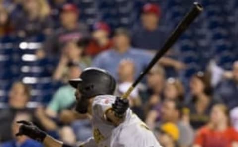 Sep 13, 2016; Philadelphia, PA, USA; Pittsburgh Pirates first baseman Rodriguez (3) hits a three RBI home run against the Philadelphia Phillies during the ninth inning at Citizens Bank Park. The Pittsburgh Pirates won 15-3. Mandatory Credit: Bill Streicher-USA TODAY Sports