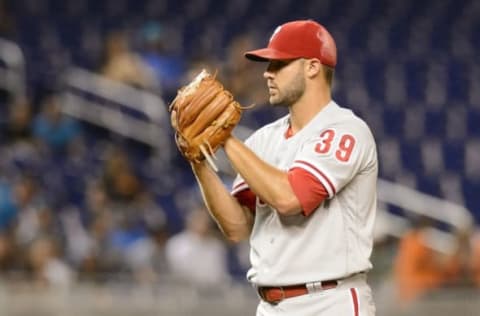 Sep 6, 2016; Miami, FL, USA; Philadelphia Phillies starting pitcher Morgan (39) throws a pitch during a game against the Miami Marlins at Marlins Park. Mandatory Credit: Steve Mitchell-USA TODAY Sports