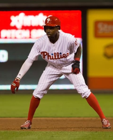 Sep 13, 2016; Philadelphia, PA, USA; Philadelphia Phillies center fielder Roman Quinn (24) in action against the Pittsburgh Pirates at Citizens Bank Park. The Pittsburgh Pirates won 5-3. Mandatory Credit: Bill Streicher-USA TODAY Sports