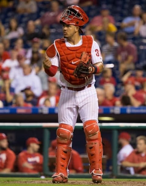 Sep 13, 2016; Philadelphia, PA, USA; Philadelphia Phillies catcher Jorge Alfaro (38) in action against the Pittsburgh Pirates at Citizens Bank Park. The Pittsburgh Pirates won 5-3. Mandatory Credit: Bill Streicher-USA TODAY Sports