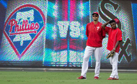 Sep 20, 2016; Philadelphia, PA, USA; Philadelphia Phillies right fielder Altherr (L) and center fielder Quinn (R) prior to action against the Chicago White Sox at Citizens Bank Park. Mandatory Credit: Bill Streicher-USA TODAY Sports