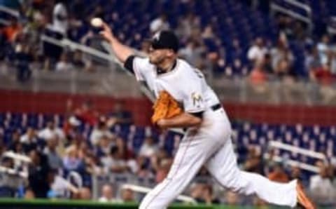 Sep 20, 2016; Miami, FL, USA; Miami Marlins starting pitcher Fernandez (16) delivers a pitch during the fifth inning against the Washington Nationals at Marlins Park. Mandatory Credit: Steve Mitchell-USA TODAY Sports