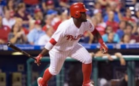 Sep 20, 2016; Philadelphia, PA, USA; Philadelphia Phillies center fielder Odubel Herrera (37) hits a single against the Chicago White Sox third inning at Citizens Bank Park. Mandatory Credit: Bill Streicher-USA TODAY Sports