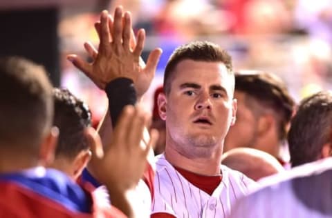 Sep 21, 2016; Philadelphia, PA, USA; Philadelphia Phillies first baseman Tommy Joseph (19) celebrates in the dugout scoring a run during the first inning against the Chicago White Sox at Citizens Bank Park. Mandatory Credit: Eric Hartline-USA TODAY Sports