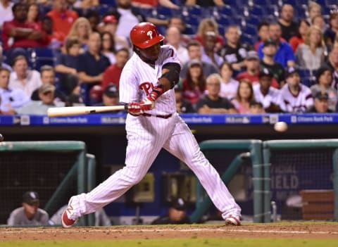 Sep 21, 2016; Philadelphia, PA, USA; Philadelphia Phillies third baseman Maikel Franco (7) hits a two RBI single during the sixth inning against the Chicago White Sox at Citizens Bank Park. The Phillies defeated the White Sox, 8-3. Mandatory Credit: Eric Hartline-USA TODAY Sports