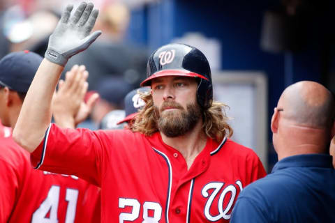 Sep 17, 2016; Atlanta, GA, USA; Washington Nationals left fielder Jayson Werth (28) celebrates against the Atlanta Braves in the seventh inning at Turner Field. Mandatory Credit: Brett Davis-USA TODAY Sports