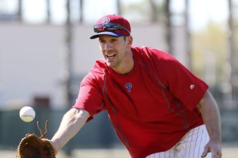 Feb 19, 2015; Clearwater, FL, USA; Philadelphia Phillies starting pitcher Cliff Lee (33) fields a ball during spring training workouts at Bright House Field. Mandatory Credit: Reinhold Matay-USA TODAY Sports