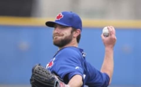 Feb 26, 2015; Dunedin, FL, USA; Toronto Blue Jays pitcher Kyle Drabek throws during spring training workouts at Florida Auto Exchange Stadium Mandatory Credit: Reinhold Matay-USA TODAY Sports