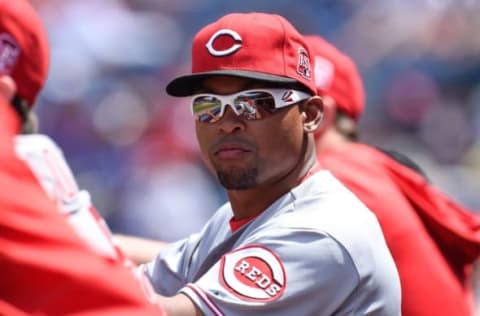 May 3, 2015; Atlanta, GA, USA; Cincinnati Reds left fielder Marlon Byrd (9) shown in the dugout during the game against the Atlanta Braves during the seventh inning at Turner Field. The Braves defeated the Reds 5-0. Mandatory Credit: Dale Zanine-USA TODAY Sports