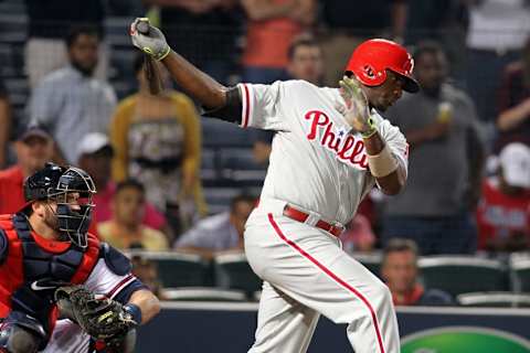 May 5, 2015; Atlanta, GA, USA; Philadelphia Phillies first baseman Ryan Howard (6) strikes out against the Atlanta Braves in the ninth inning at Turner Field. The Braves defeated the Phillies 9-0. Mandatory Credit: Brett Davis-USA TODAY Sports