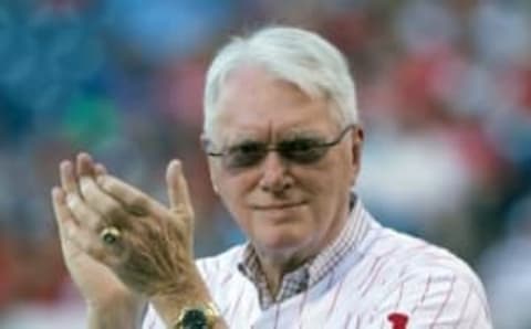 Jul 31, 2015; Philadelphia, PA, USA; Philadelphia Phillies Wall of Fame member Jim Bunning during the Pat Burrell (not pictured) induction ceremony before a game against the Atlanta Braves at Citizens Bank Park. Mandatory Credit: Bill Streicher-USA TODAY Sports