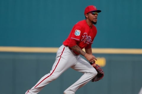 Mar 7, 2016; Bradenton, FL, USA; Philadelphia Phillies shortstop J.P. Crawford (77) runs to second during the eighth inning of a spring training baseball game against the Pittsburgh Pirates at McKechnie Field. The Phillies won 1-0. Mandatory Credit: Reinhold Matay-USA TODAY Sports