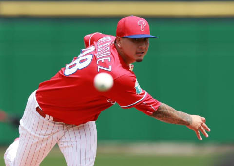 Mar 12, 2016; Clearwater, FL, USA; Philadelphia Phillies relief pitcher Vince Velasquez (28) throws a warm up pitch during the first inning against the Toronto Blue Jays at Bright House Field. Mandatory Credit: Kim Klement-USA TODAY Sports