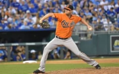 Apr 23, 2016; Kansas City, MO, USA; Baltimore Orioles pitcher Brian Matusz (17) delivers a pitch against the Kansas City Royals during the sixth inning at Kauffman Stadium. Mandatory Credit: Peter G. Aiken-USA TODAY Sports