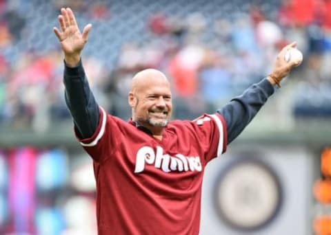 May 15, 2016; Philadelphia, PA, USA; Philadelphia Phillies former player Darren Daulton acknowledges the crowd before throwing out the first pitch before game against the Cincinnati Reds at Citizens Bank Park. The Reds defeated the Phillies, 9-4. Mandatory Credit: Eric Hartline-USA TODAY Sports