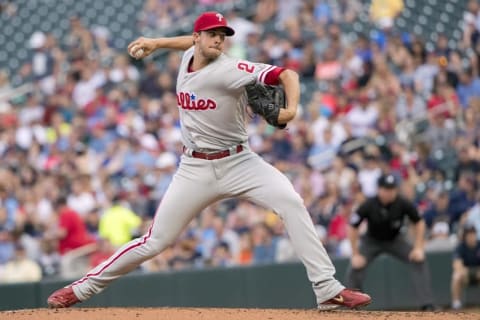 Jun 21, 2016; Minneapolis, MN, USA; Philadelphia Phillies starting pitcher Aaron Nola (27) delivers a pitch in the first inning against the Minnesota Twins at Target Field. Mandatory Credit: Jesse Johnson-USA TODAY Sports