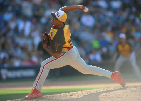 Jul 10, 2016; San Diego, CA, USA; World pitcher Ricardo Pinto throws in the 7th inning during the All Star Game futures baseball game at PetCo Park. Mandatory Credit: Gary A. Vasquez-USA TODAY Sports