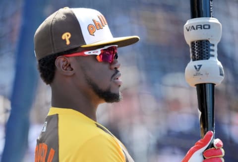 Jul 11, 2016; San Diego, CA, USA; National League outfielder Odubel Herrera (37) of the Philadelphia Phillies during workout day before the MLB All Star Game at PetCo Park. Mandatory Credit: Gary A. Vasquez-USA TODAY Sports